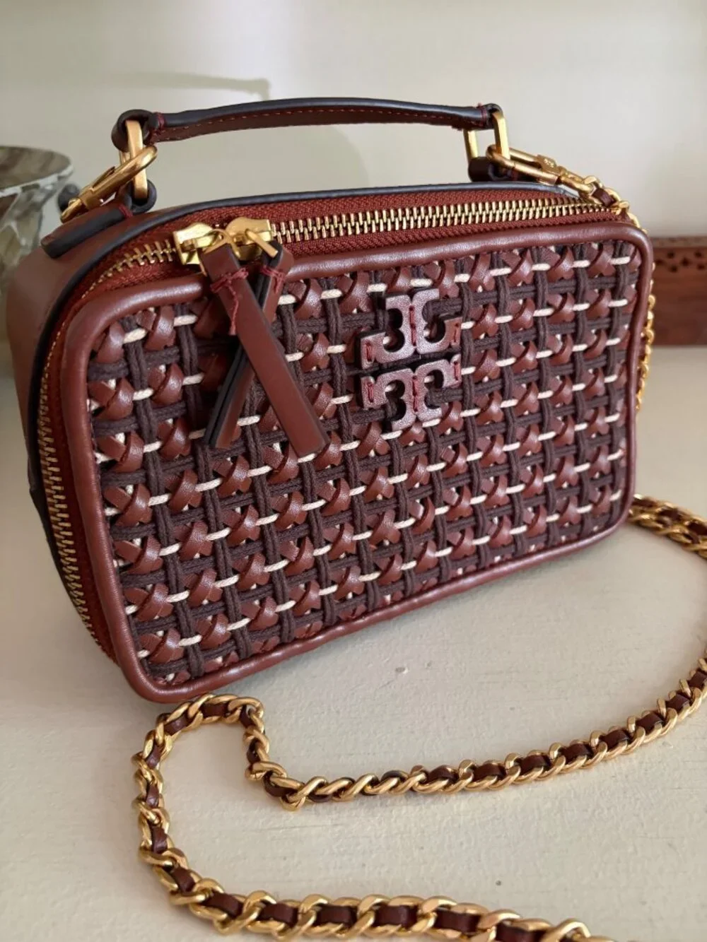 TORY BURCH Britten Woven Small Top Handle Case Bag Brown Gold Crossbody